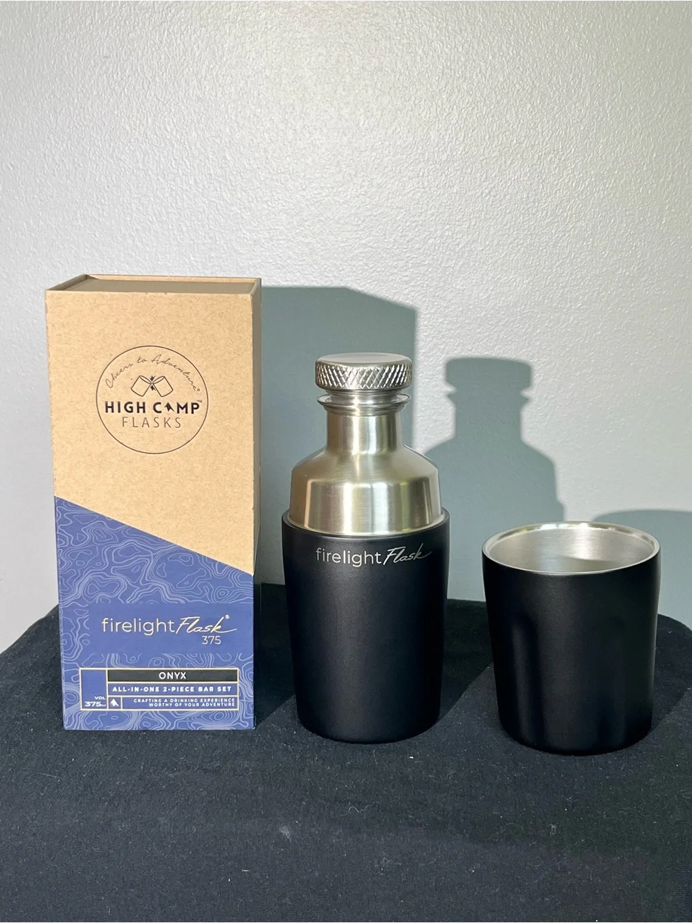 High Camp Firelight Flask 375 Onyx NWT Stainless Steel Insulated Bar Set